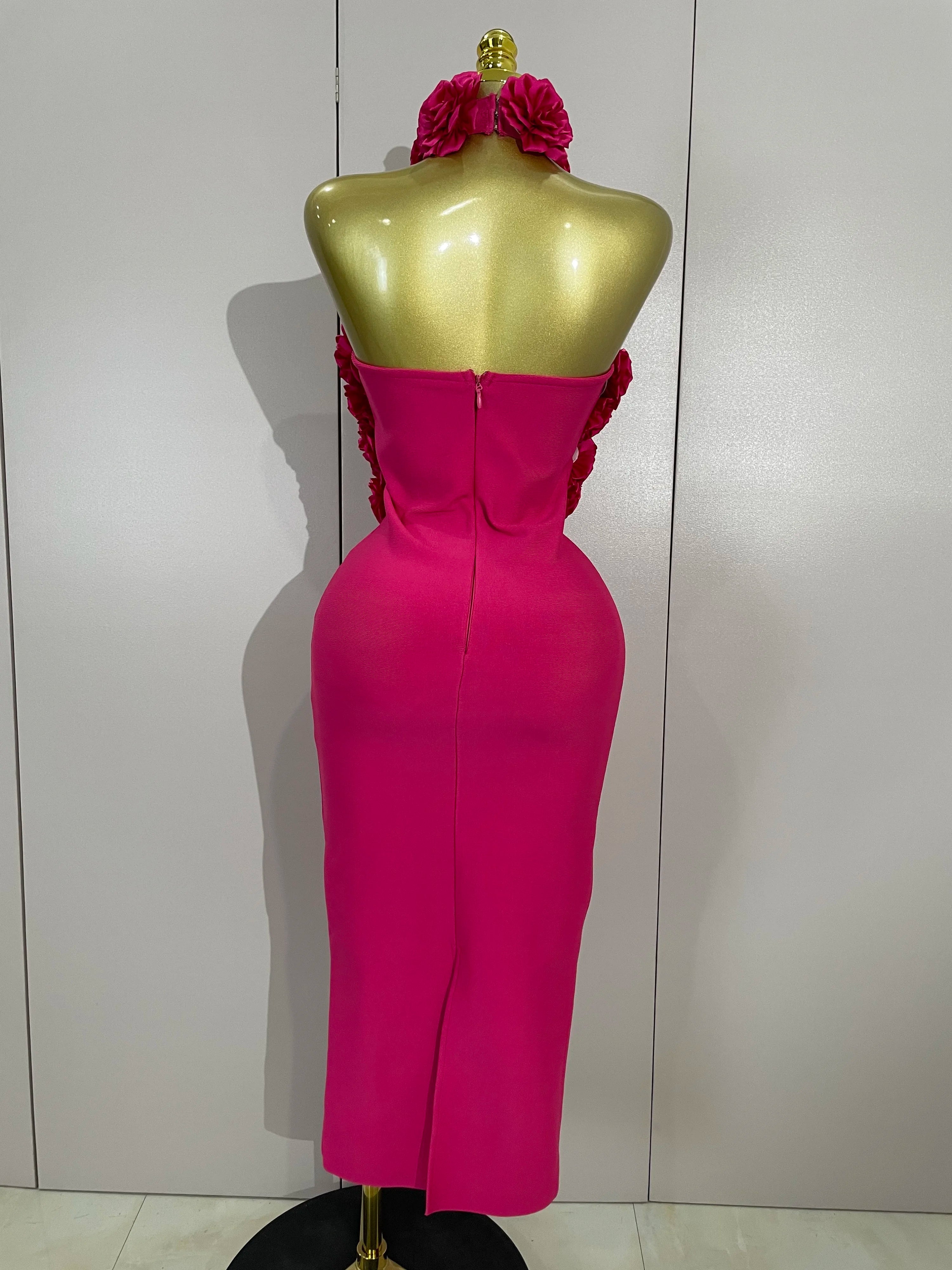 Sexy Halter Backless 3D Flower Bodycon Bandage Dress Women Celebrity Elegant Cocktail Luxury Birthfay Party Dress Stage Wear