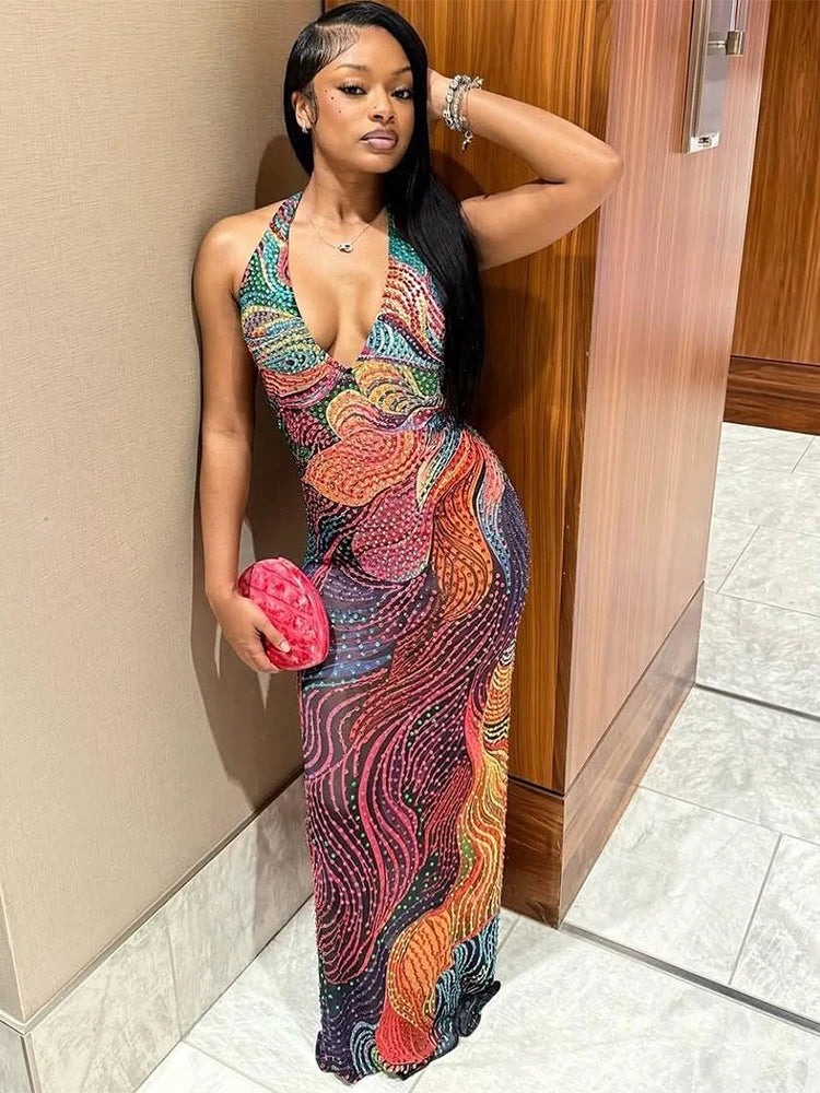 Kliou Colorful Print Long Dress Woman Halter Low-Neck Backless Sleeveless Splits