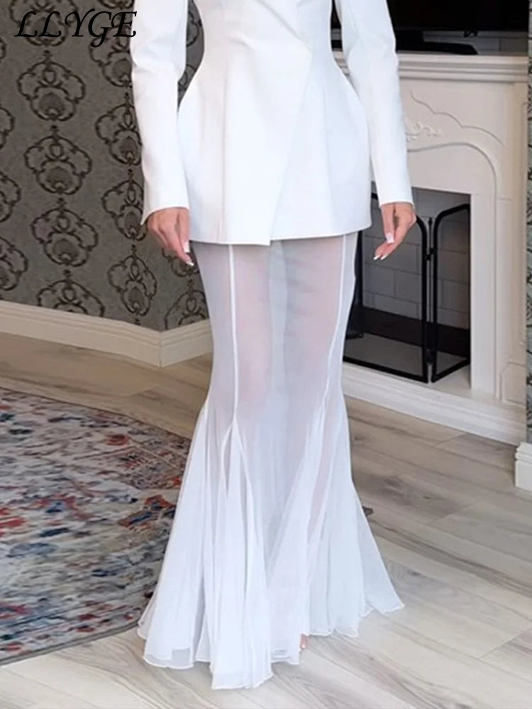 Elegant Solid Blazer Skirt Set Women Slim One Button Suit Jacket Pleated See Through Fishtail Skirts 2025 Spring Lady Party Suit