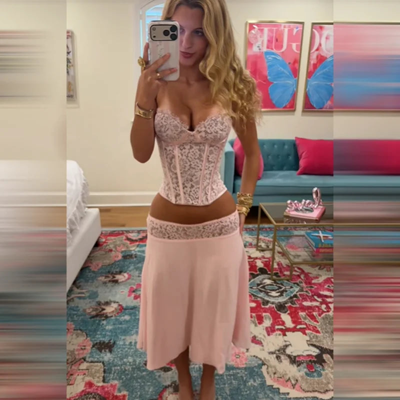 Chic Pink Lace Corset Two-Piece Set Women