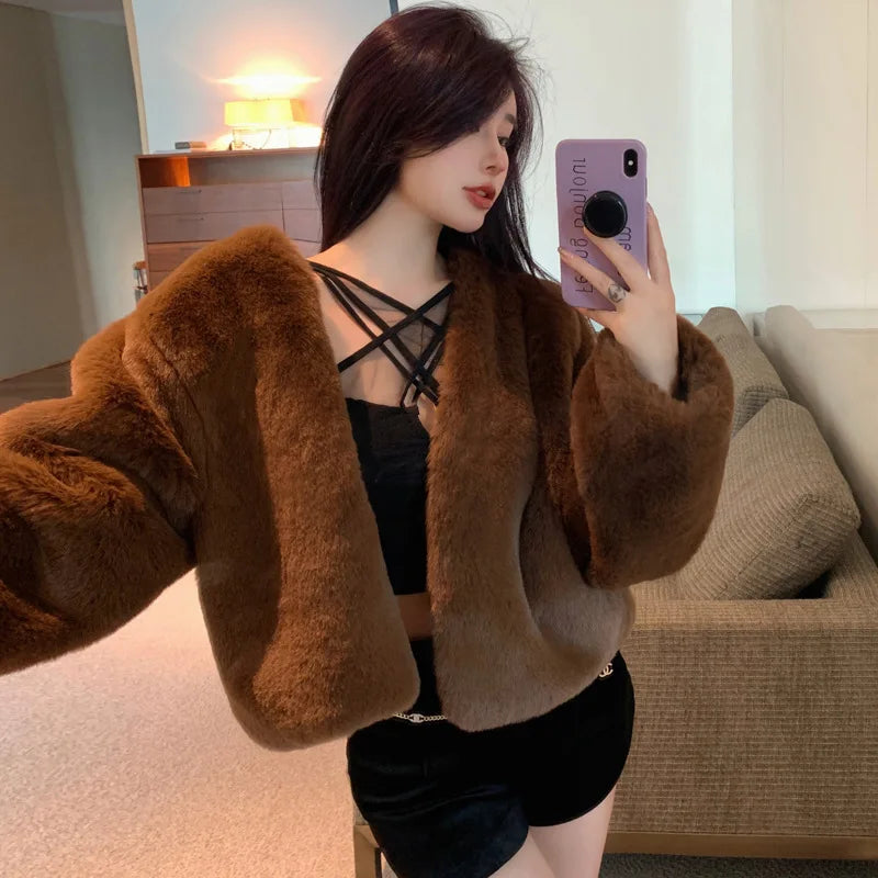 Korean Style Short Thickened Eco-Friendly Faux Fur Coat