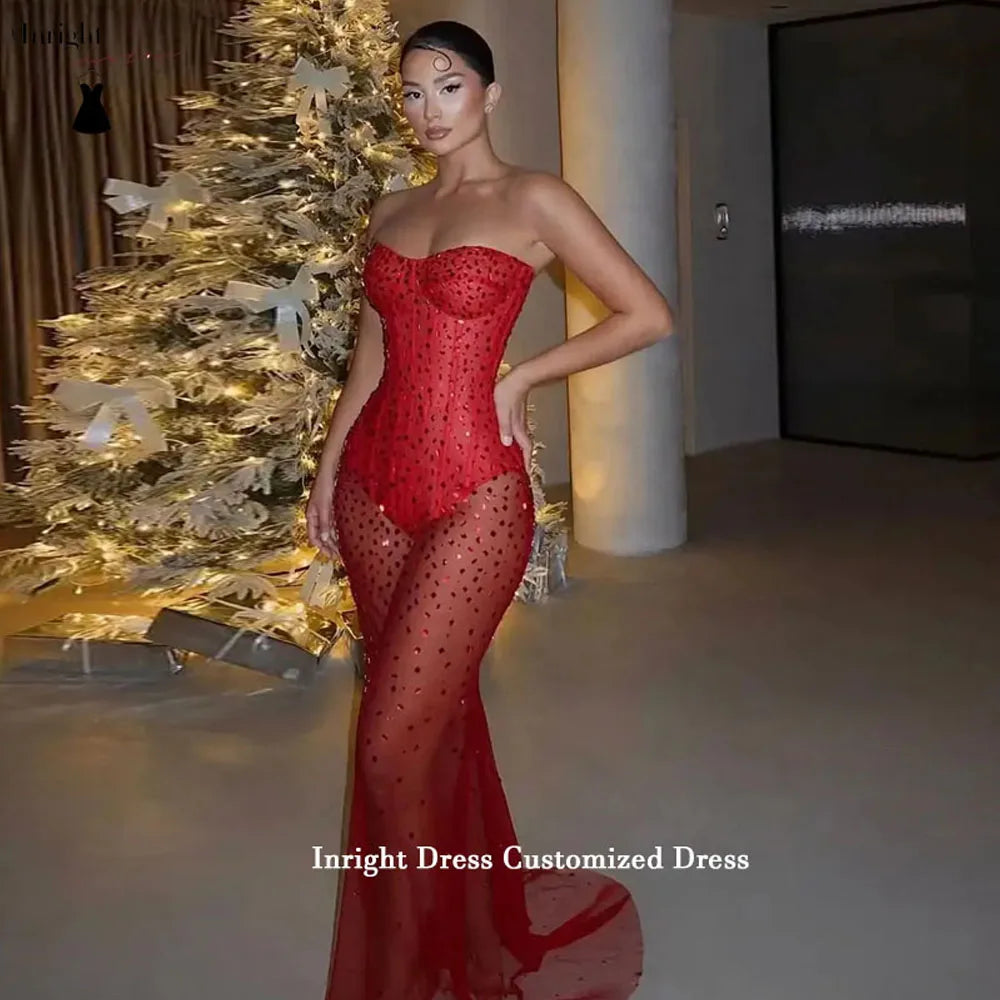 Inright Customized Sexy Red Beading Birthday Dress African Red Carpet Dress