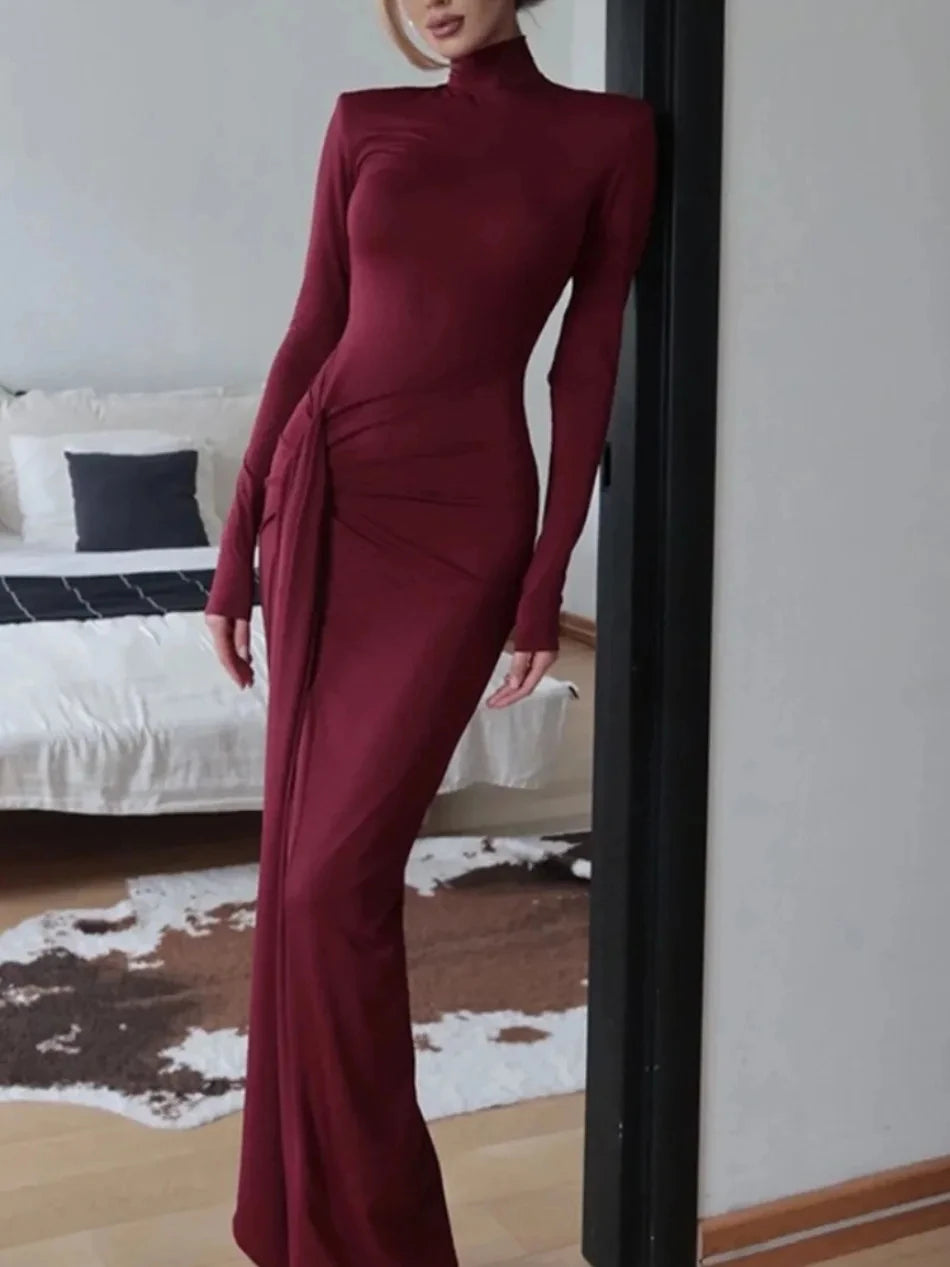 Women‘’s Dresses Autumn and Winter Fashion Sexy High-neck Long-sleeve Solid Color Dress with Waist Tie Club Long Dress