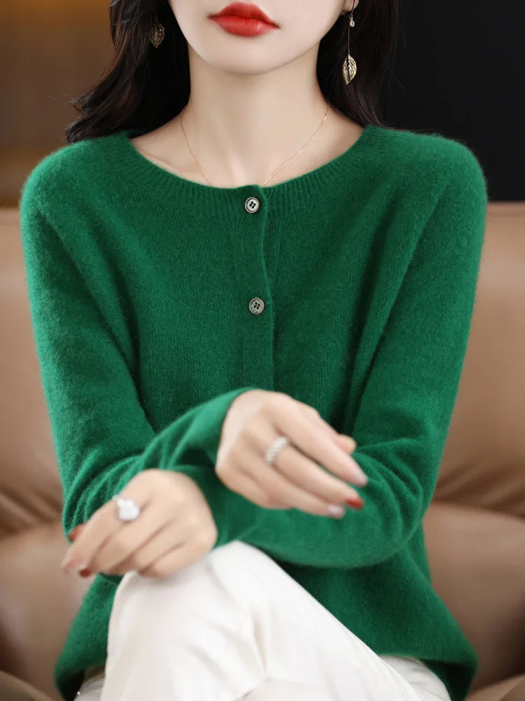 Chic Women's O-Neck Merino Wool Cardigan