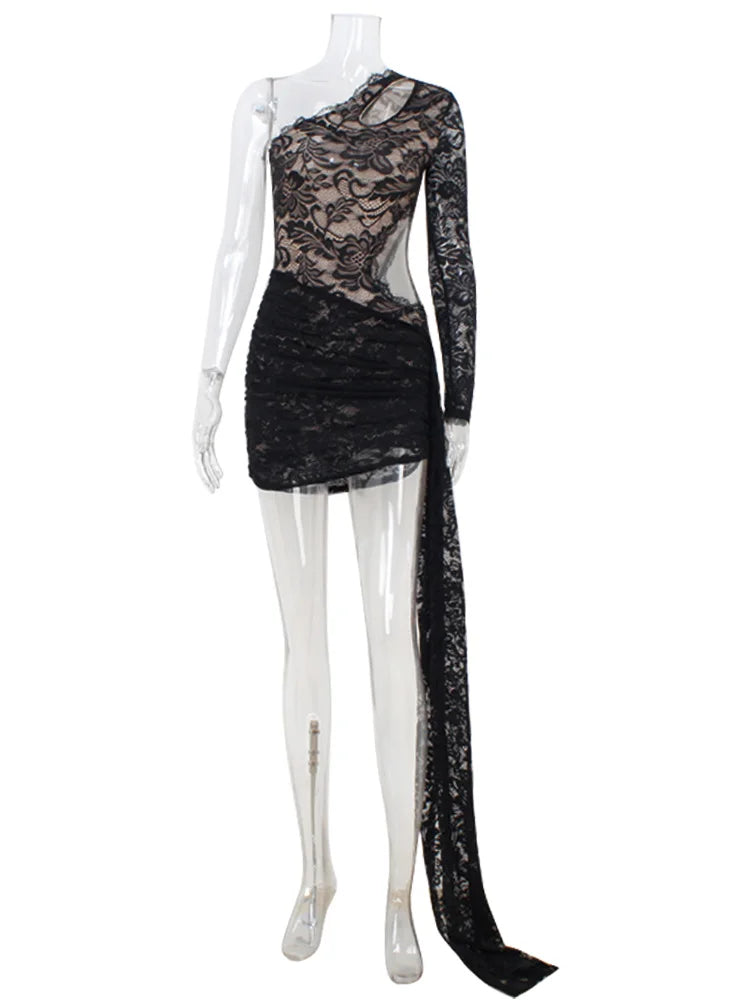 Ahagaga Sexy Sheer Women's Mini Dresses Lace Solid Sheath Long Sleeves One Shoulder Ribbon Sheath Slim Fit Streetwear Vestidos