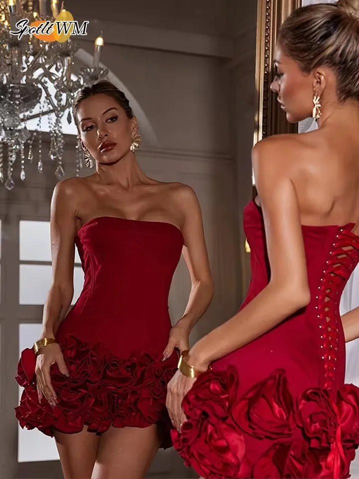 Women Sexy Red 3D Flowers Dress Sets Y2K Fishbone Bandage Adjustable Tube Top Flower Mini Skirt Suit High Street Women Outfits