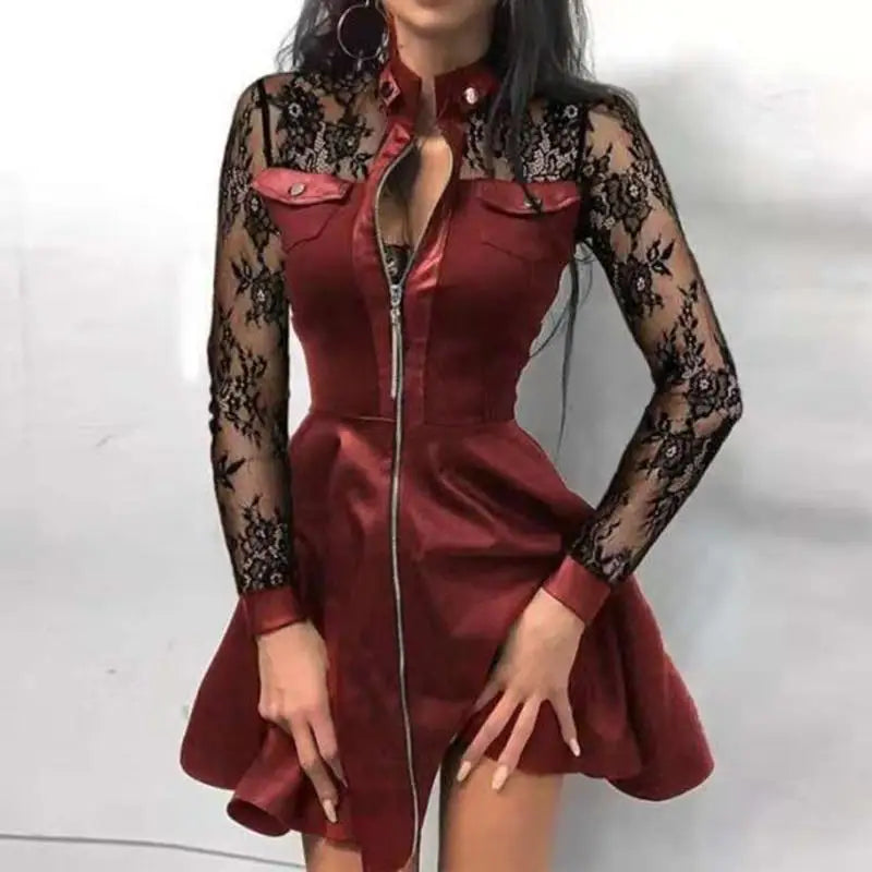 Faux Leather Dress Women Sexy Lace Mini Dress