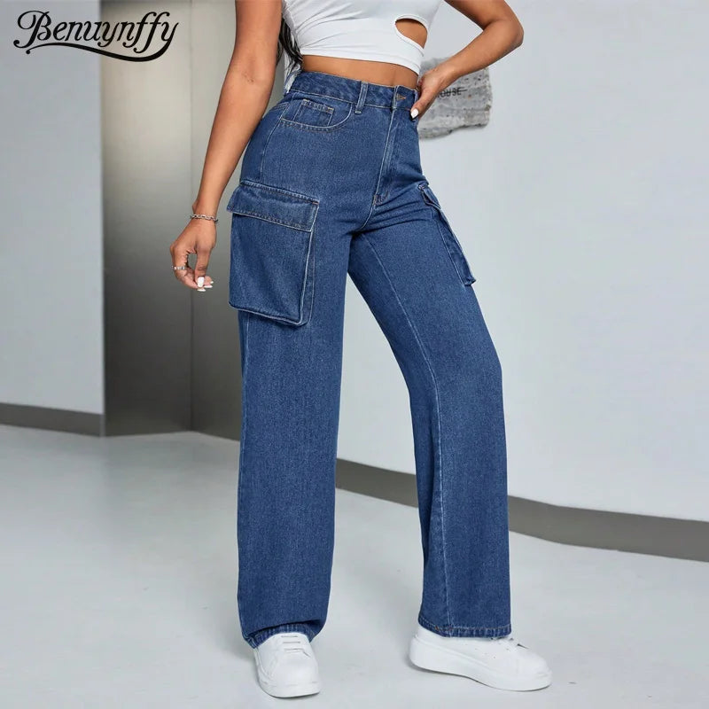 Benuynffy High Waist Multi-pocket Loose Cargo Jeans Women's Streetwear Casual Zipper Fly Washed Straight Leg Denim Pants