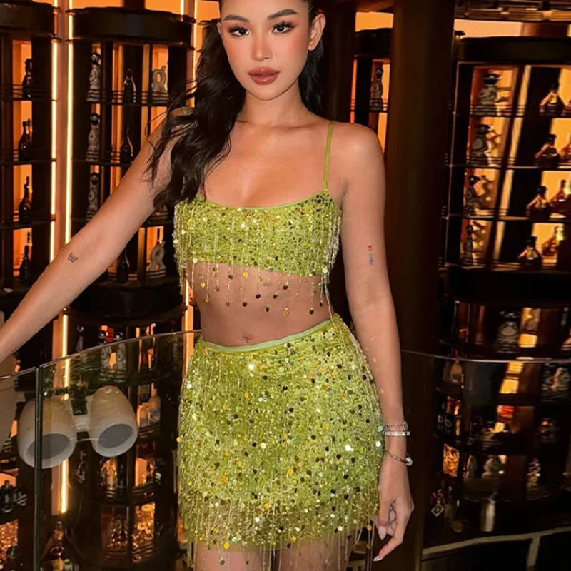 Sexy Beaded Sequin Skirt 2 Pieces Set