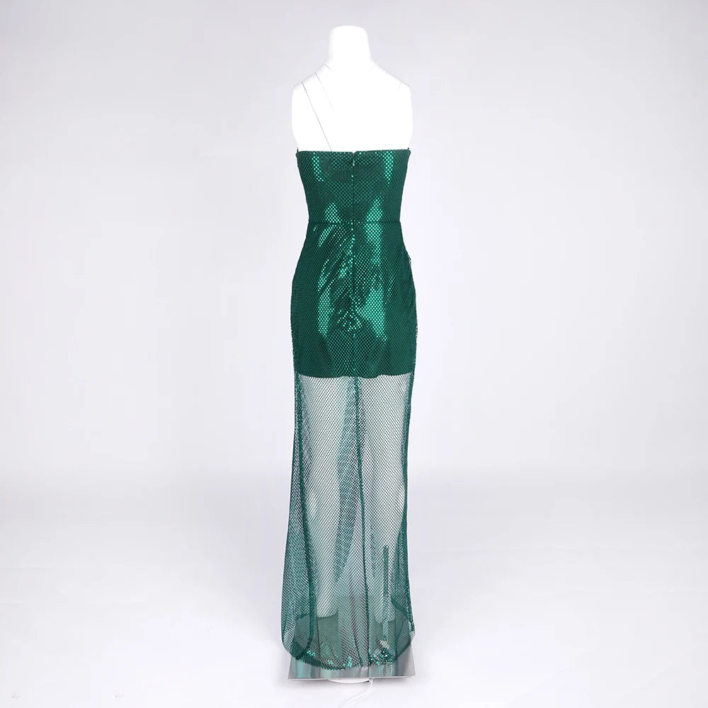 Women Sexy Emerald Green Strapless Sequin Gown With 3D Flower Detail