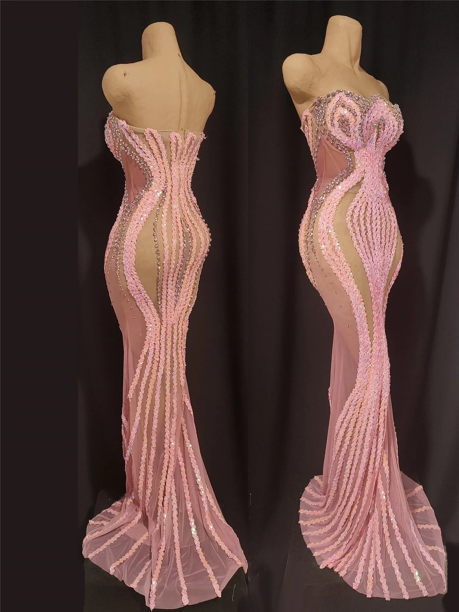 Women Luxury Pink Glitter Rhinestones Sequines Transparent Maxi Long Fairy Dress