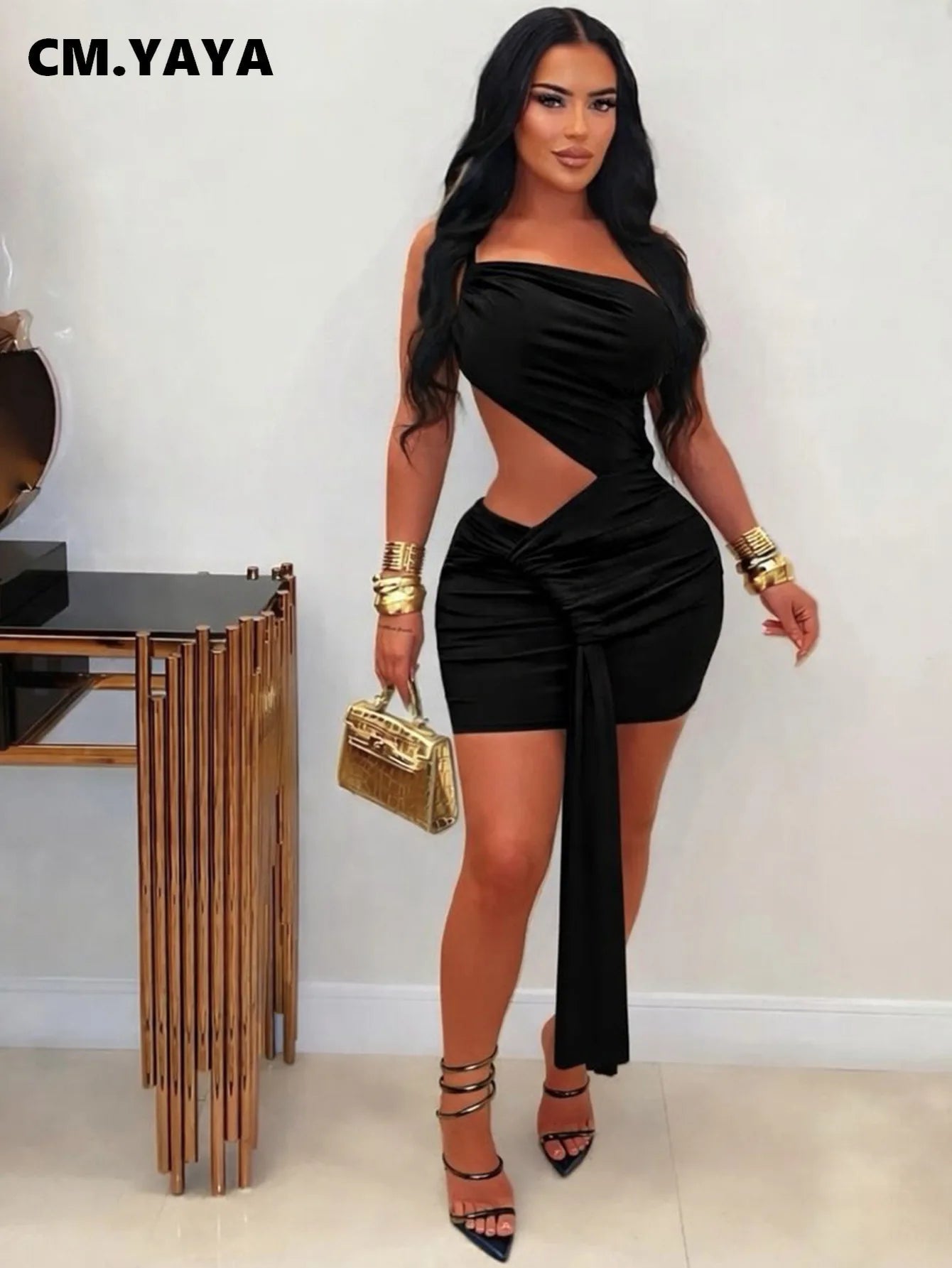 CM.YAYA Women Sleeveless Strap Ribbon Bodycon Midi Mini Dress
