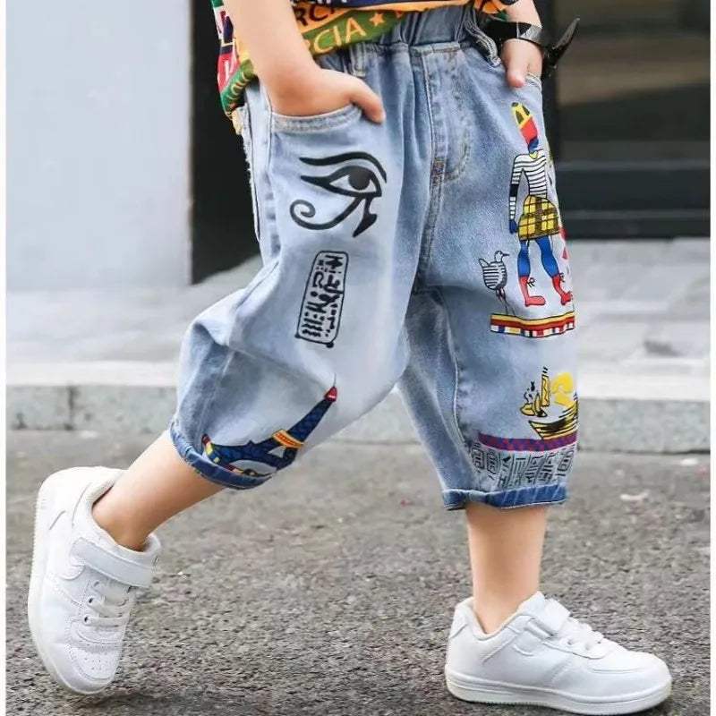 Boys Loose Cartoon Printed Jean Shorts