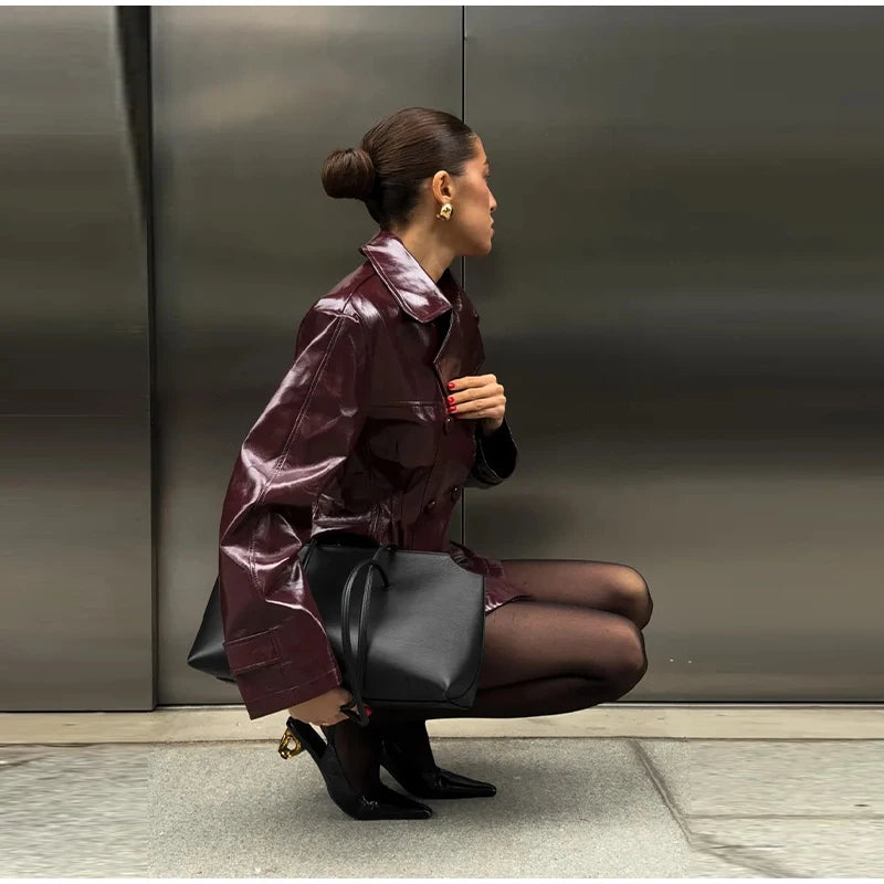 Fashion PU Leather Skirt Sets Women Lapel Long Sleeve