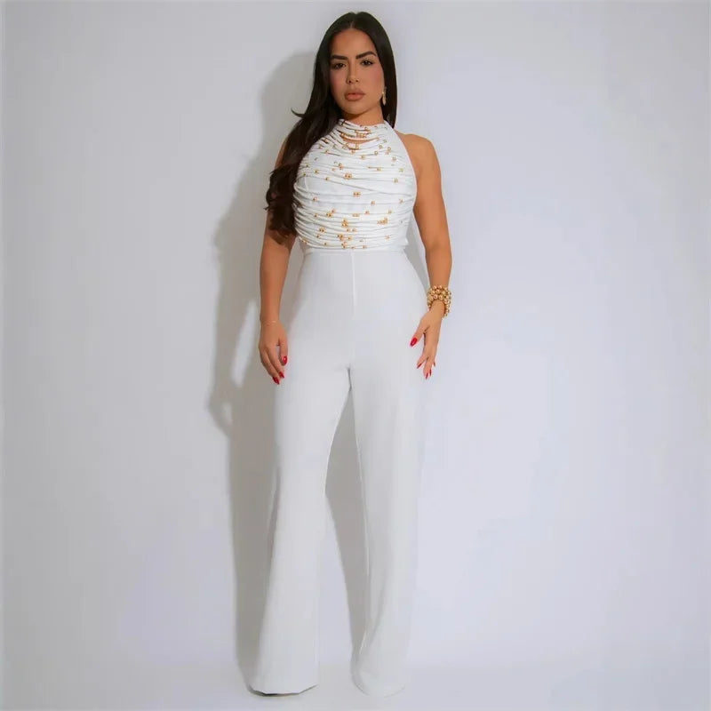 Sexy Halter Backless Jumpsuit Women Elegance High Waist Flare Pants Sleeveless Beading Ruched Party Romper Club Birthday Outfits