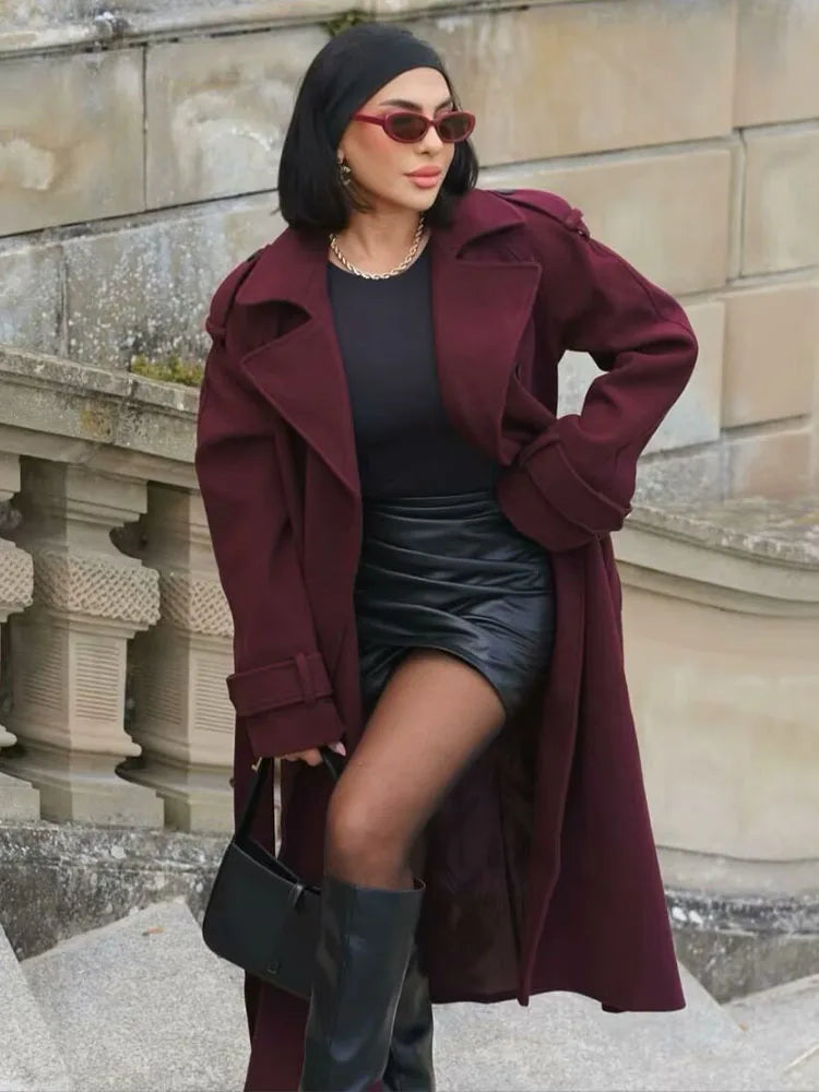 HH Women Fashion Lapel Double-breasted Pocket Belt Decoration Windbreaker Female Autumn Winter Solid Casual Loose Long Coat