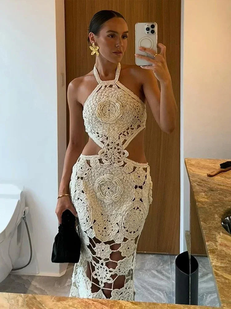 Chic Flower Halter Knitted Dress For Women Sexy Hollow Out Sleeveless Backless Lady Maxi Dresses Fashion Holiday Beachwear