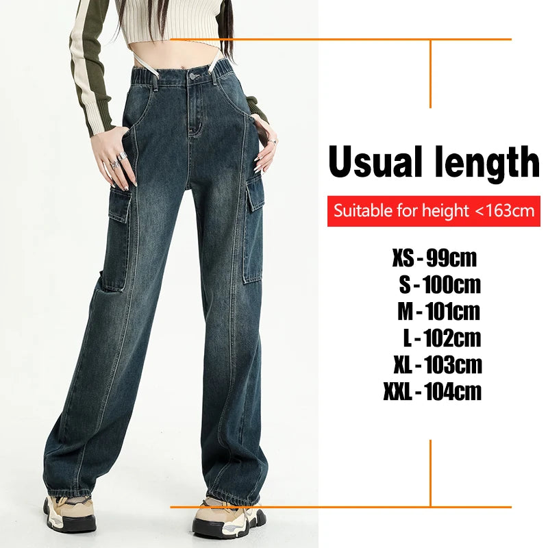 2024 Spring New Vintage Jeans Women's Elastic Waist Fashion Straight Drawstring Baggy Y2k Cargo Pants Streetwear