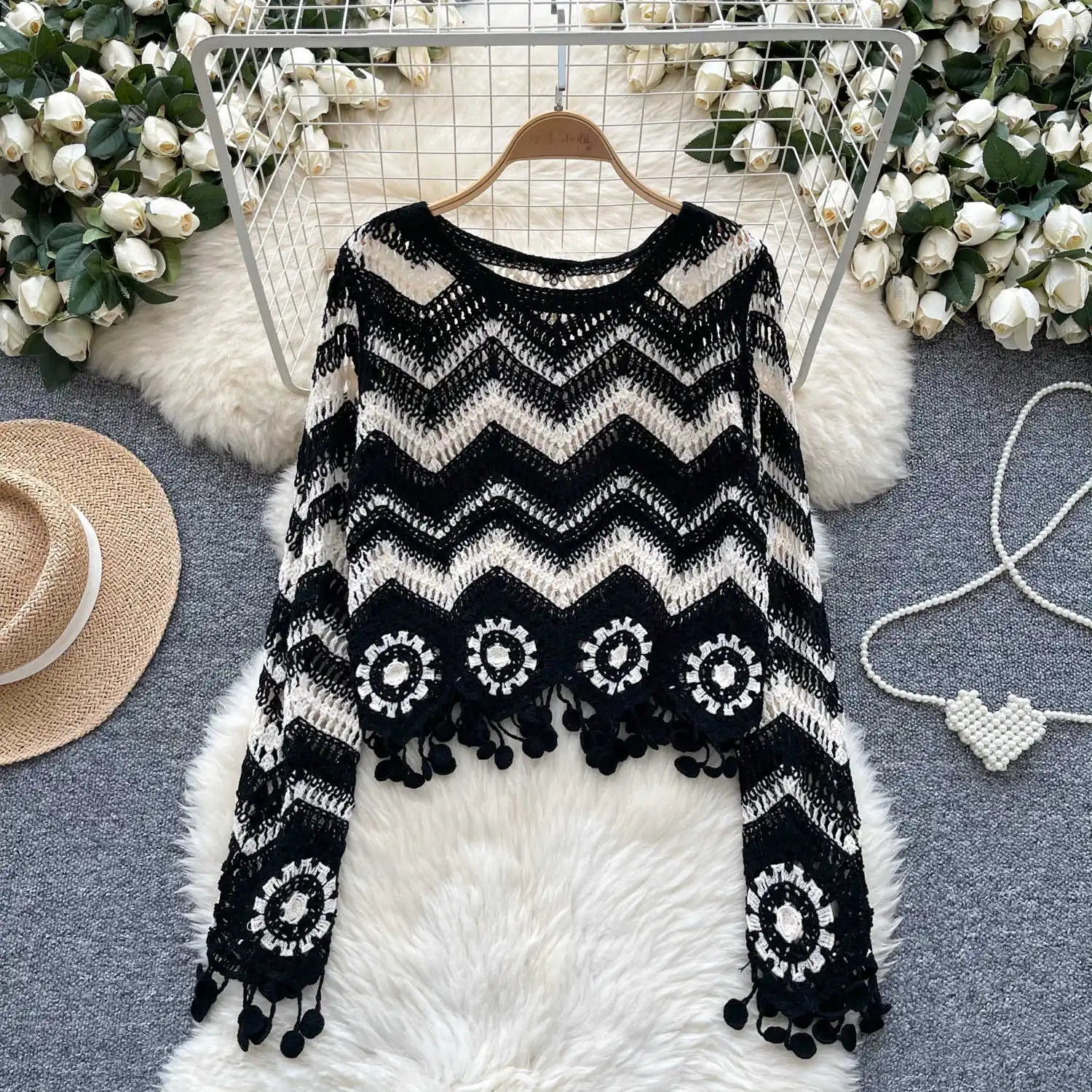 Zig Zag Crochet V-Neck Sweater for Women