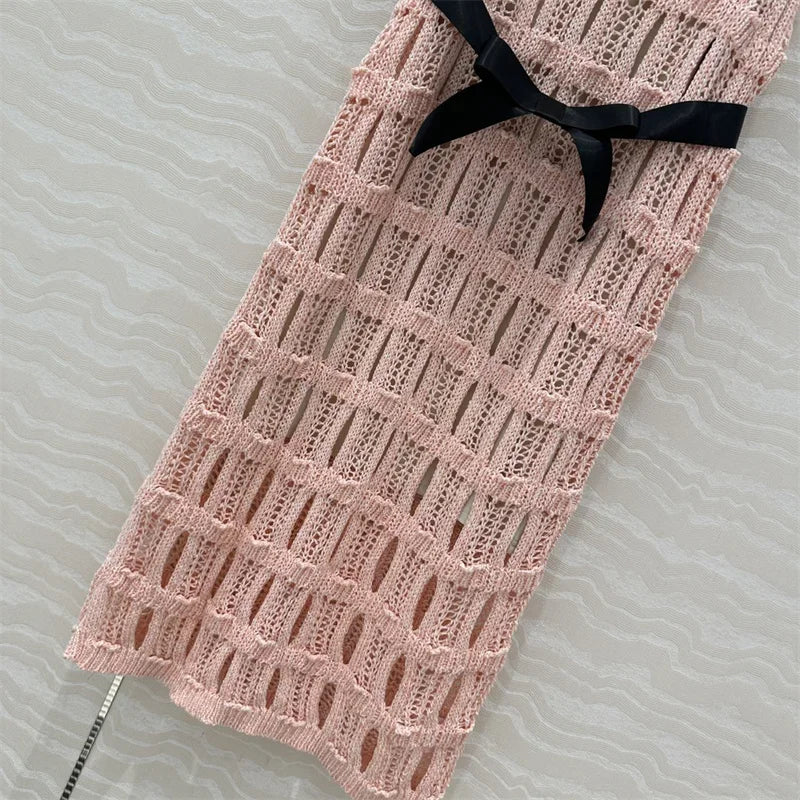 Women's dress New Sexy hollow out sleeveless long dresses for summer 2025 Bow waist belt slim midi dresses V-neck party dresses