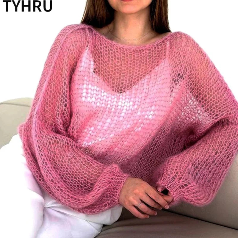 Women’s Hollow Out Mesh Lantern Sleeve Sweater