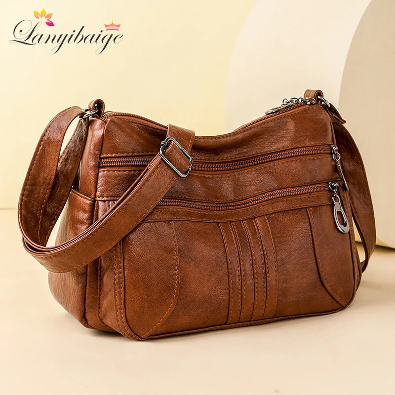 Solid Color Leather Shoulder Crossbody Bag
