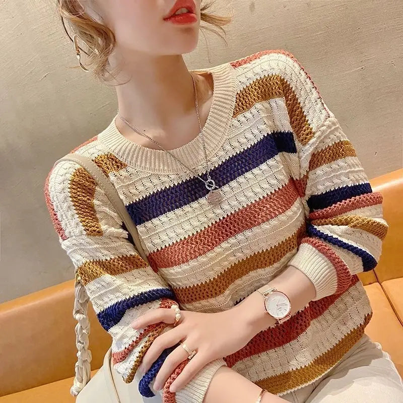 Hollow Striped Cropped Knit Top for Women