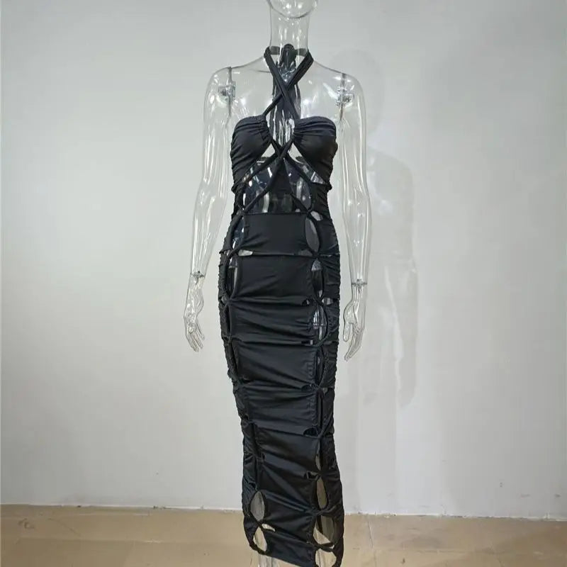 Green Hollow Out Halter Bodycon Dress Women Sleeveless Ruched Midi Sexy Outfits Party Club Bandage Y2K Dress Summer Fashion