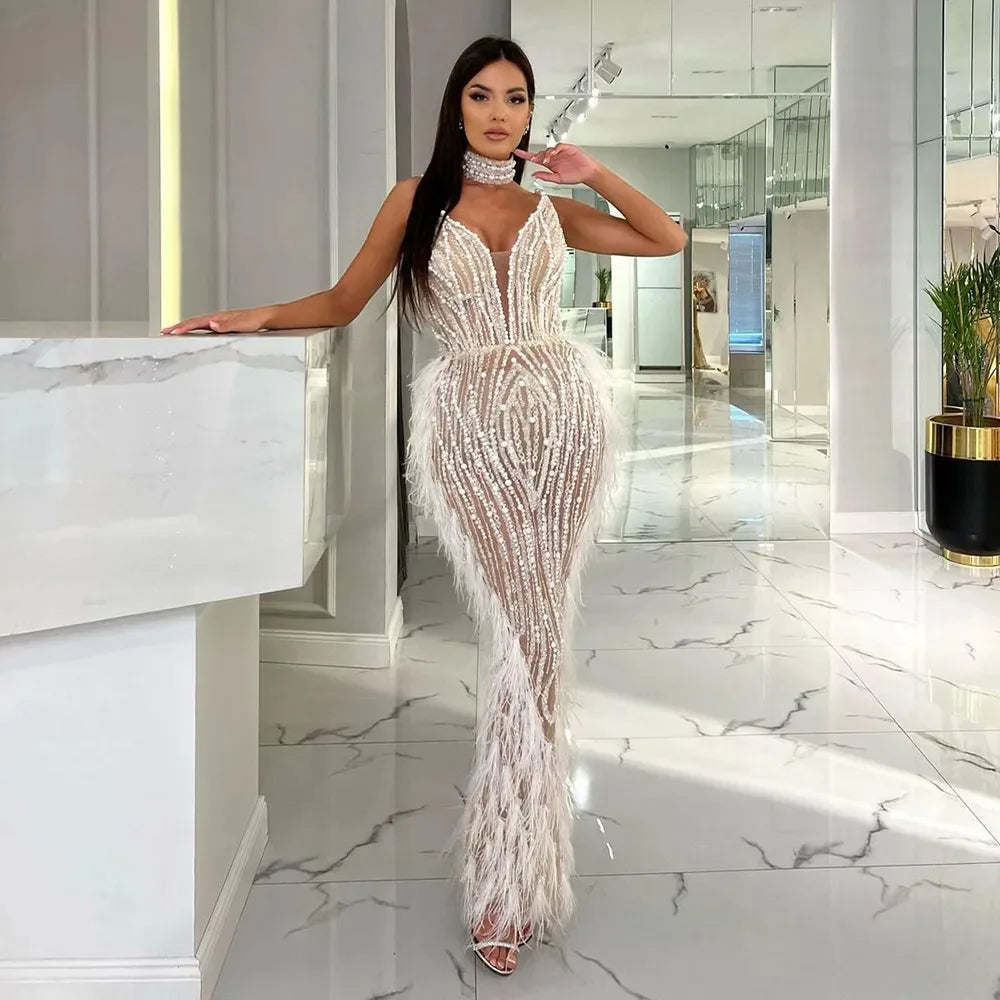 Sharon Said Luxury Feather White Nude Mermaid Evening Dress