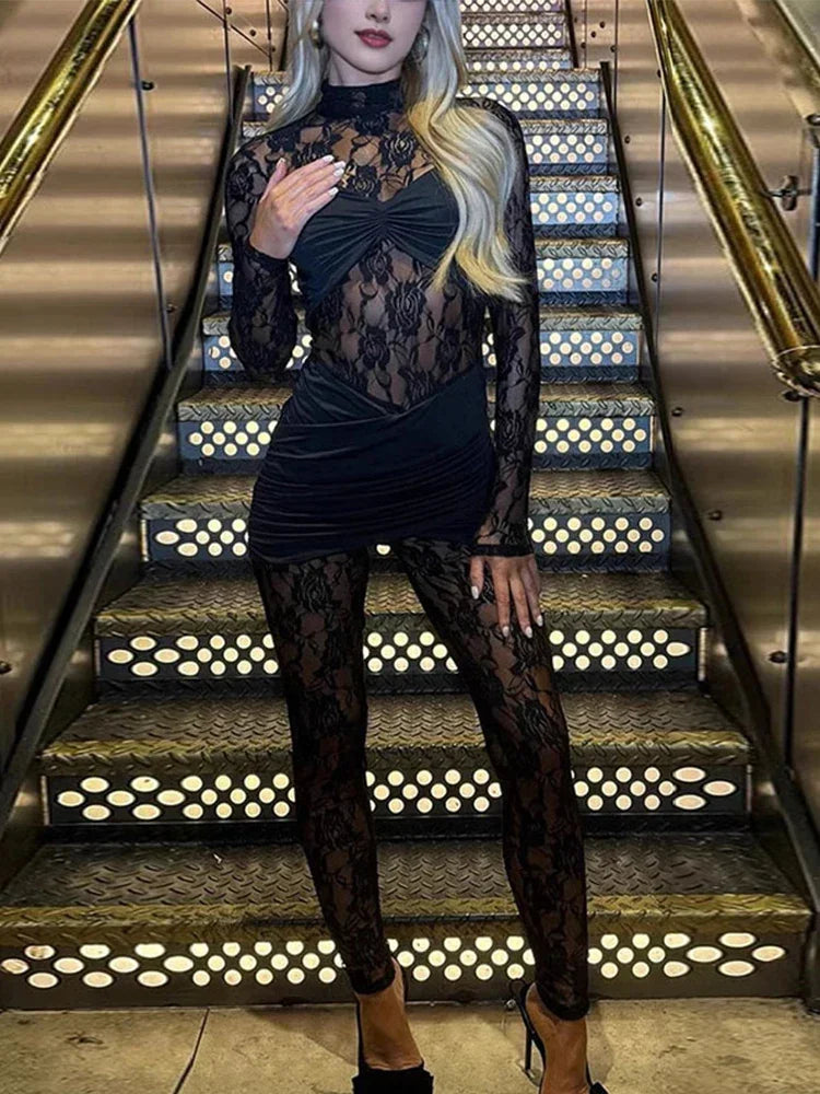 See Through Lace Mesh Patchwork Stretch Jumpsuit Women Long Sleeve High Waist Slim Sexy High Collar Wrap Skirt Twist Party Wear