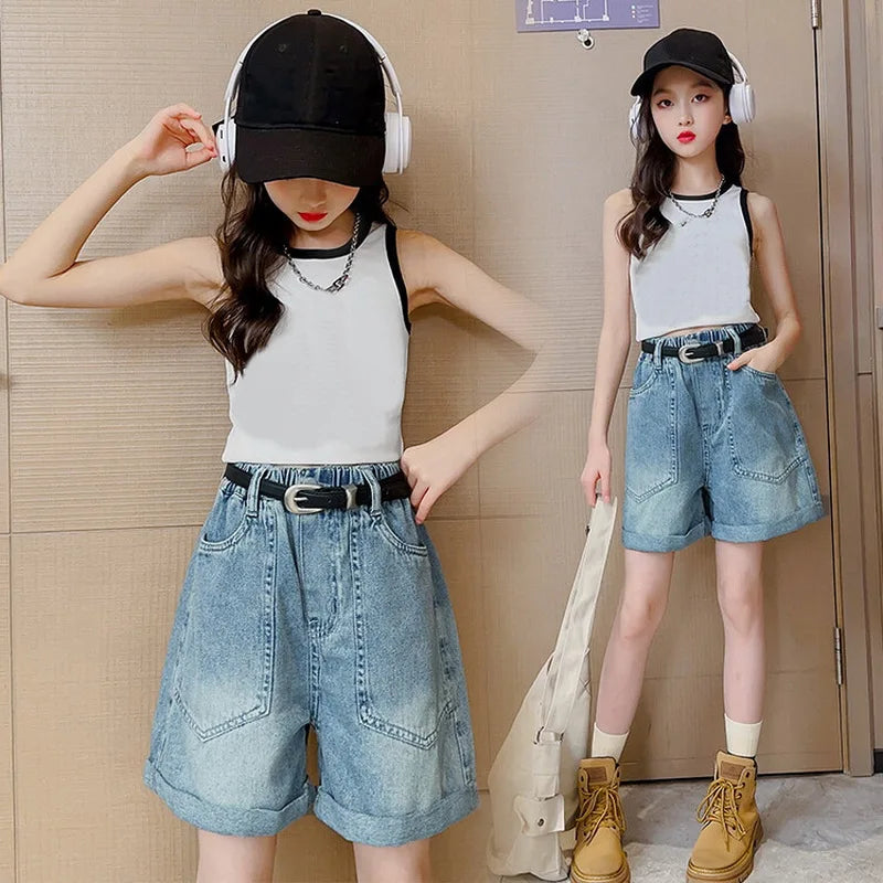 Korean Style Girls' Denim Pocket Shorts
