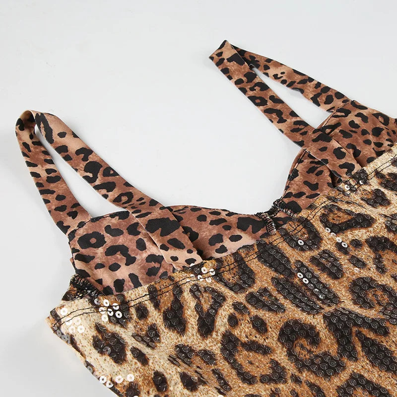 Sexy Leopard Print Sequins Bodycon Dress Sleeveless Straps