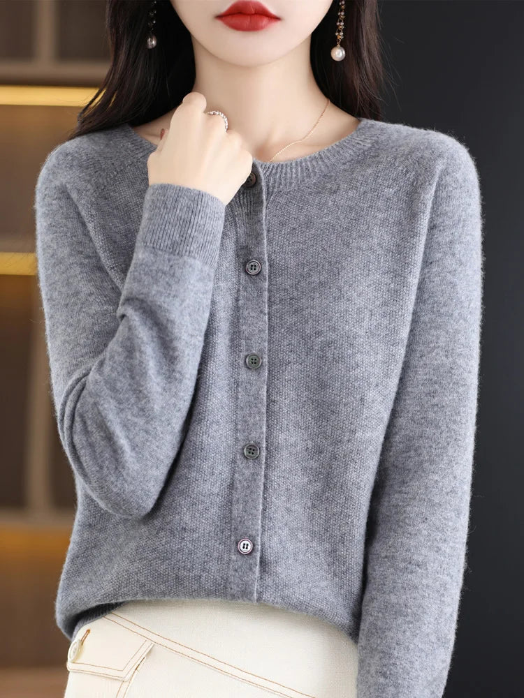 Chic Women's O-Neck Merino Wool Cardigan