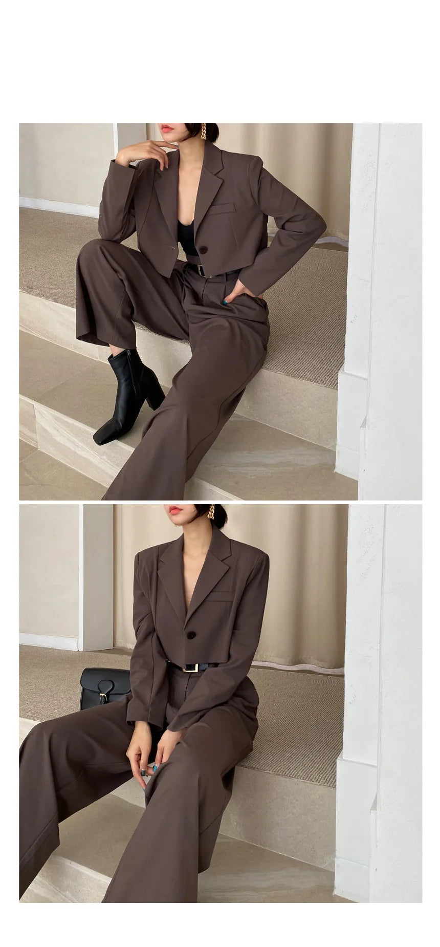 Chic Retro Lapel ort One Button Suit Jaet High Waist Wide Leg Pants