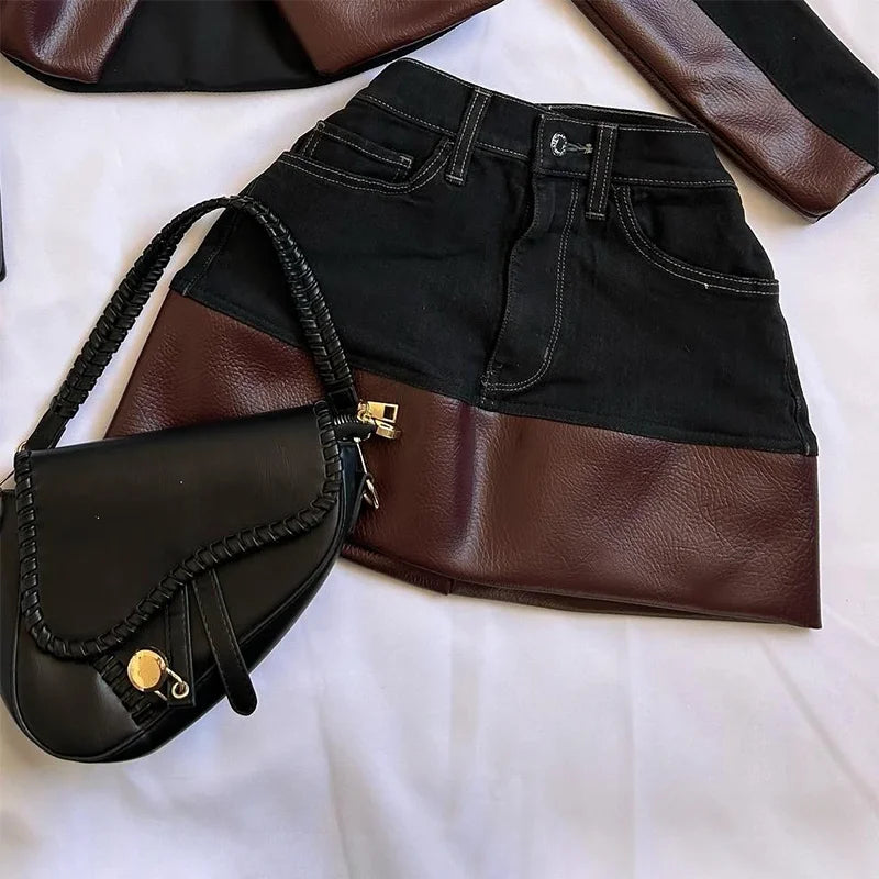 Fashion PU Leather Patchwork Slim Fit Zip Up Jacket Coat