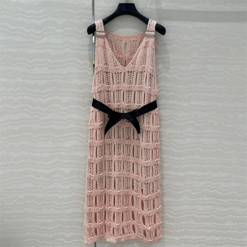 Women's dress New Sexy hollow out sleeveless long dresses for summer 2025 Bow waist belt slim midi dresses V-neck party dresses