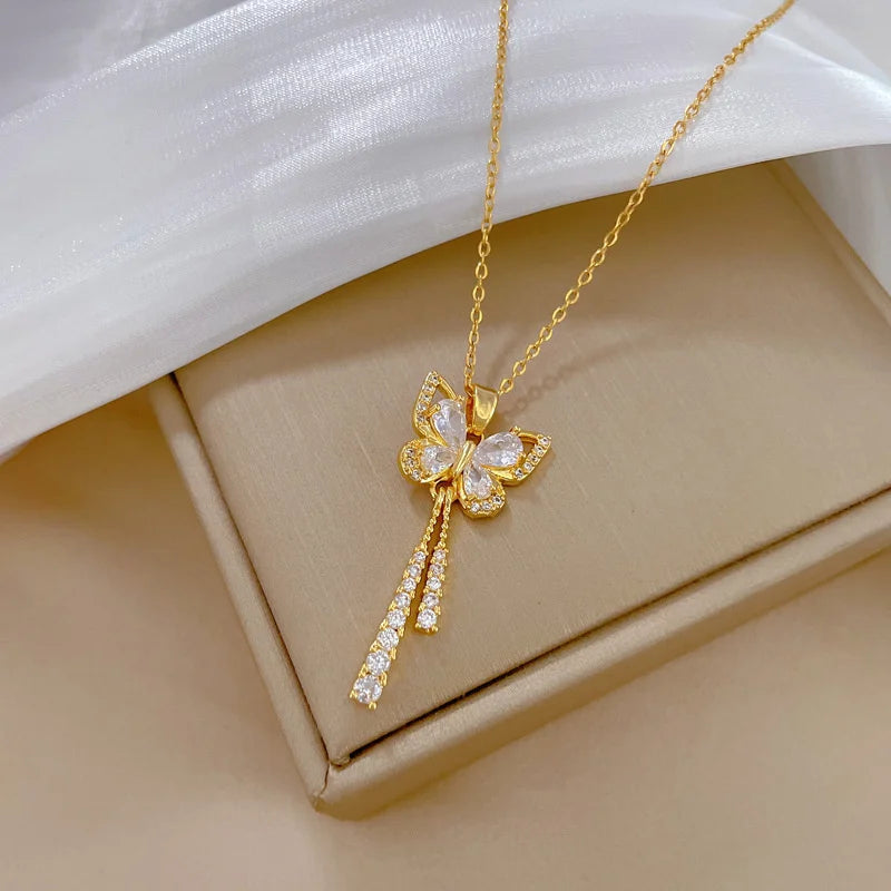 Zircon Butterfly Tassel Choker Necklace