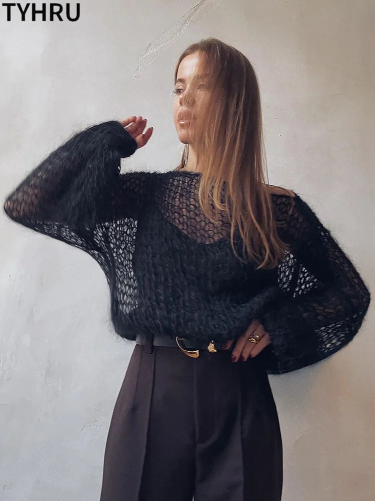 Women’s Hollow Out Mesh Lantern Sleeve Sweater