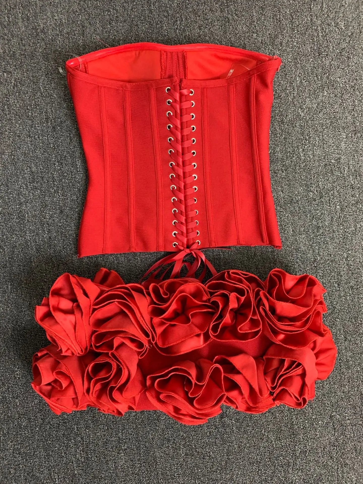 Women Red Bodycon Mini Bandage Outfits Club Party Strapless Laced Up Back Tops And Mini Short Skirts Two Piece Sets Nightwears