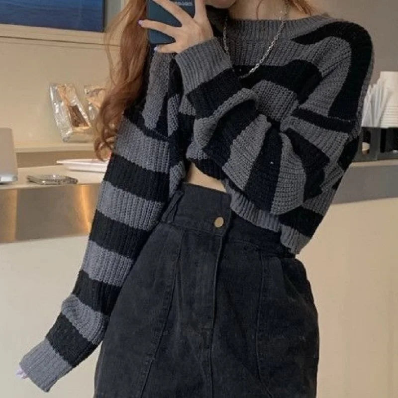 Korean Style Striped Cropped Sweater for Women