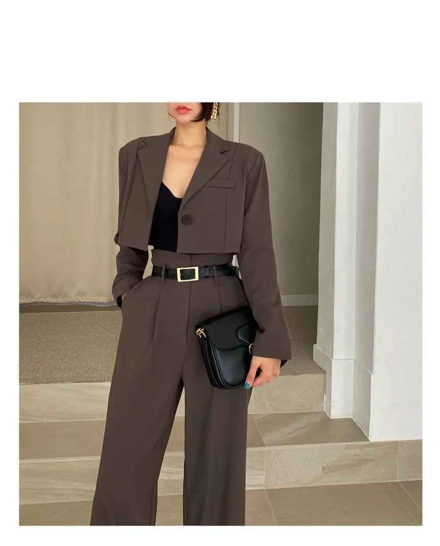 Chic Retro Lapel ort One Button Suit Jaet High Waist Wide Leg Pants