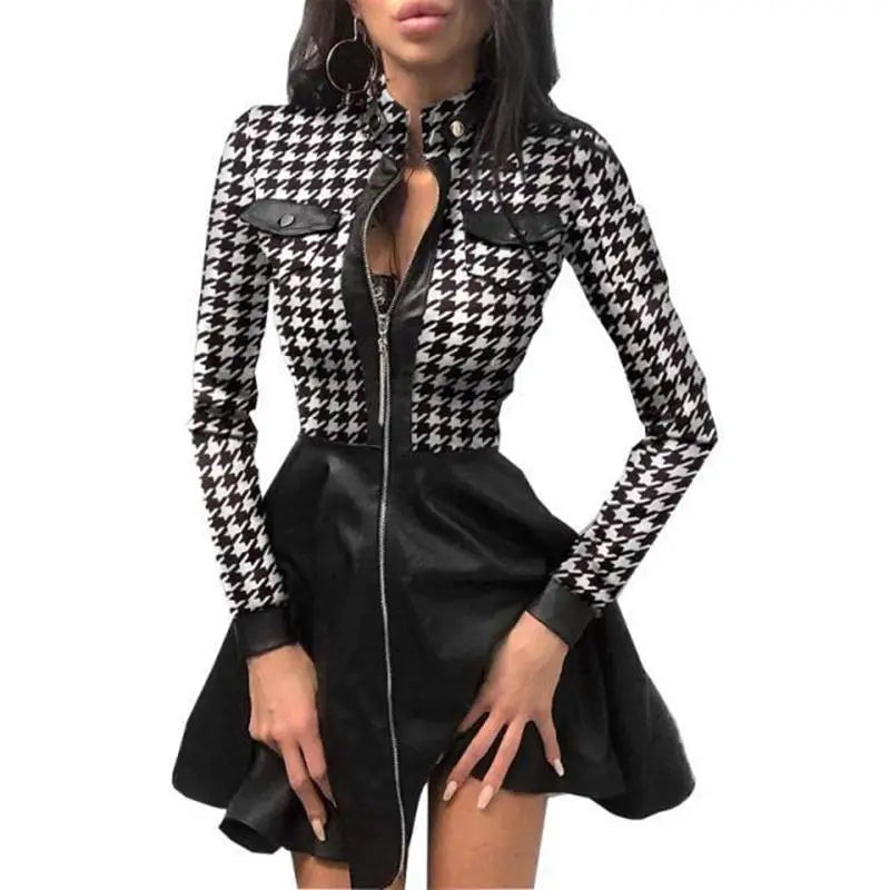 Faux Leather Dress Women Sexy Lace Mini Dress
