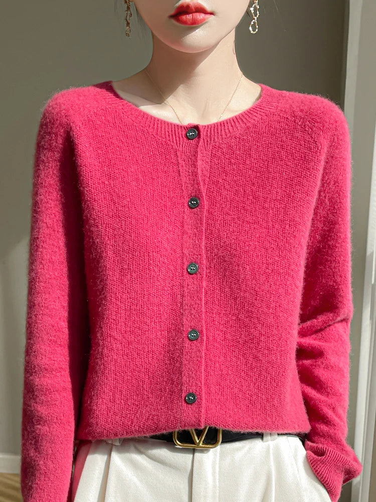 ADDONEE Women's Merino Wool O-Neck Cardigan