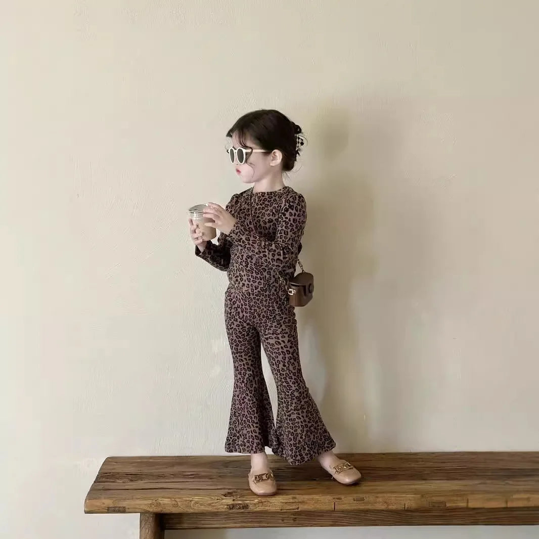 Girls Long-Sleeved Leopard Two-Piece Set