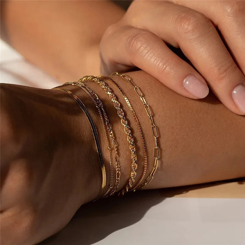 6Pcs Gold Boho Retro Cuban Chain Bracelet Set