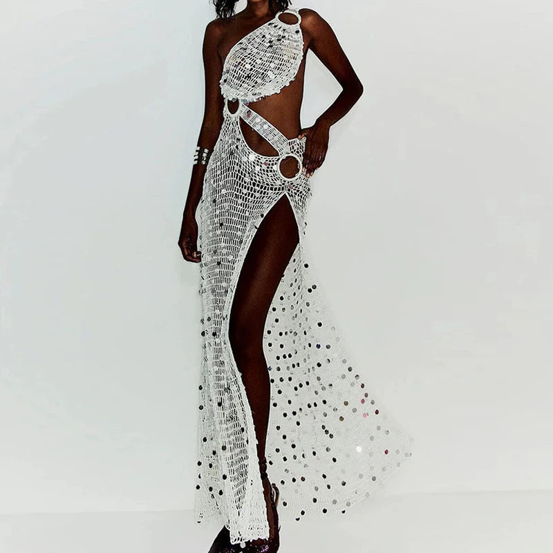 Skew Collar See Through Sexy Maxi Dress, Women Summer Hollow Fashion Party Dress, 2026 Solid Sleeveless Patchwork Ladies Dress