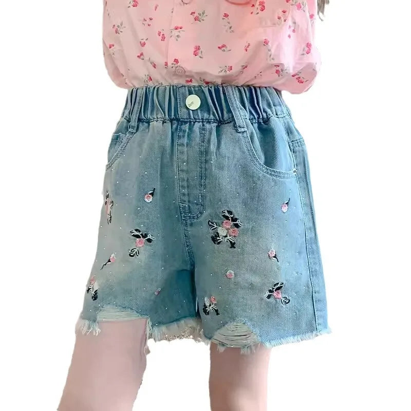 Girls' Cartoon Embroidered Denim Shorts