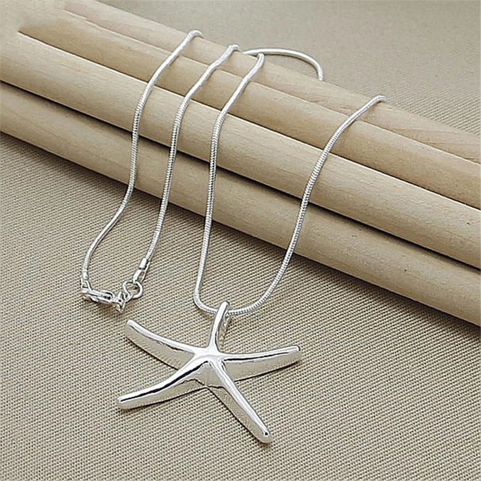 925 Sterling Silver Star & Starfish Charm Necklace