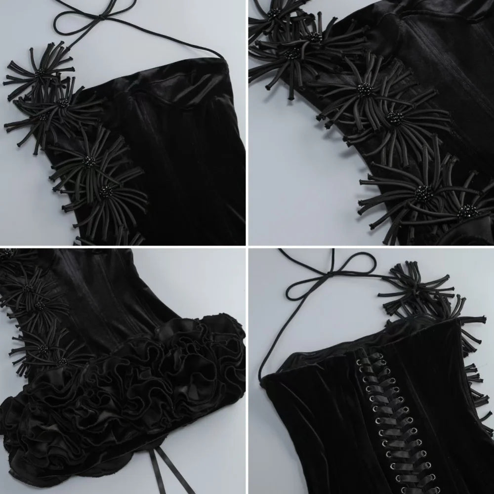 Black Velvet Mini Dress with Floral Ruffled Summer Women Dress