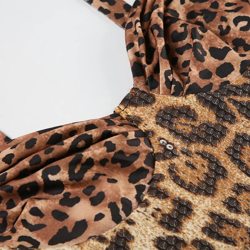 Sexy Leopard Print Sequins Bodycon Dress Sleeveless Straps